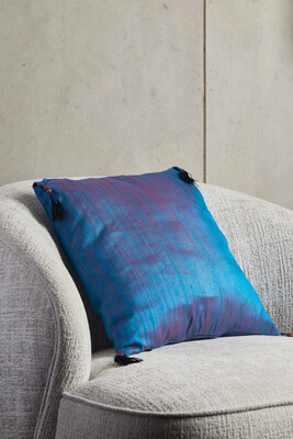 Gece mavisi Saf İpek Püsküllü Kırlent Kılıfı - 45x45cm - 1