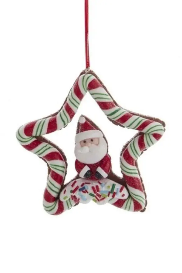 Kırmızı 10 cm Kil Dolgulu Noel Baba Şeker Şeritli Yıldız Yılbaşı Süsü - 1
