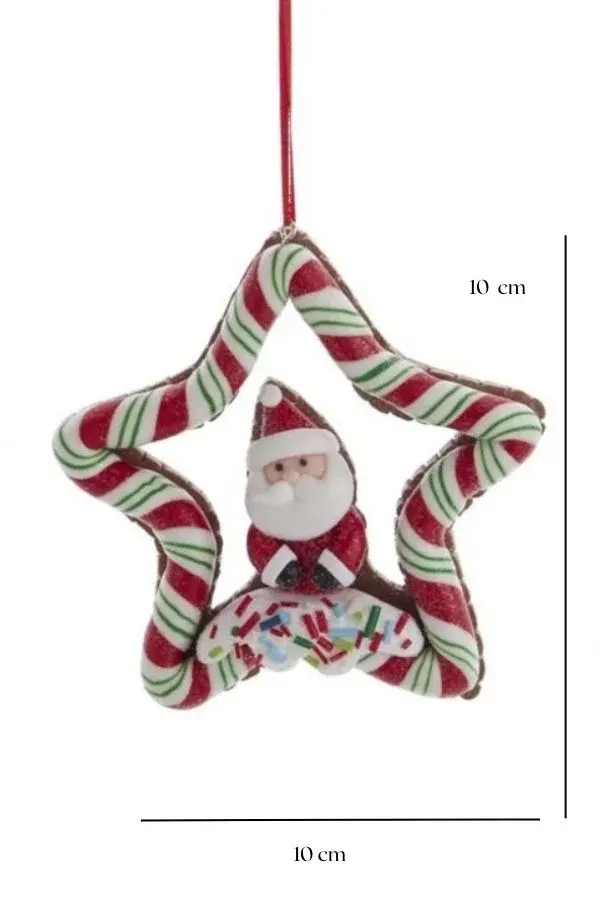 Kırmızı 10 cm Kil Dolgulu Noel Baba Şeker Şeritli Yıldız Yılbaşı Süsü - 3