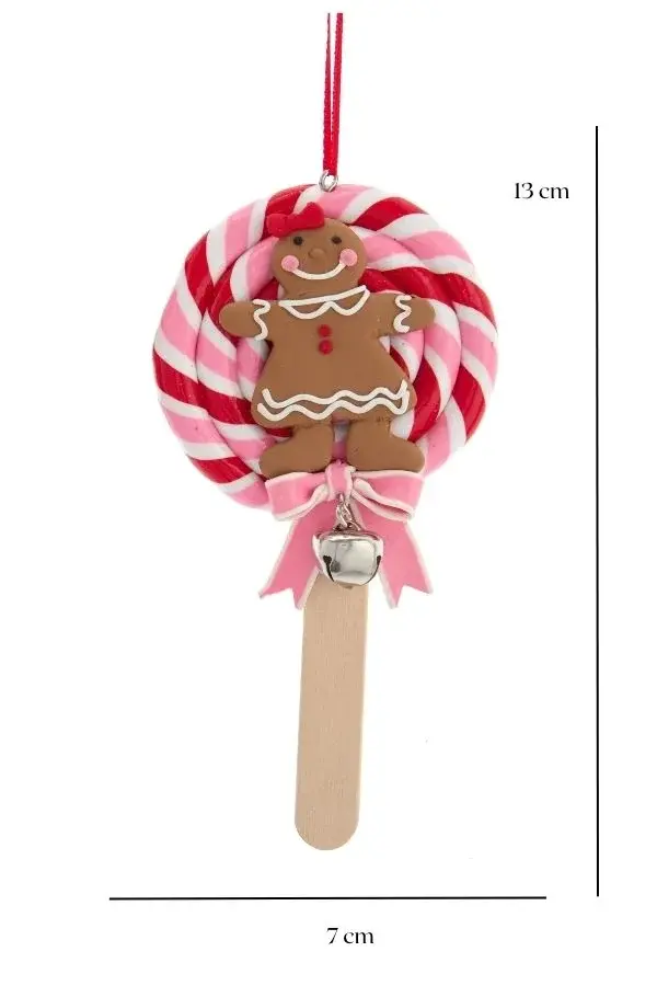 Kırmızı 13 Cm Kil Dolgulu Zencefilli Kurabiye Kız Lolipop Yılbaşı Süsü - 3