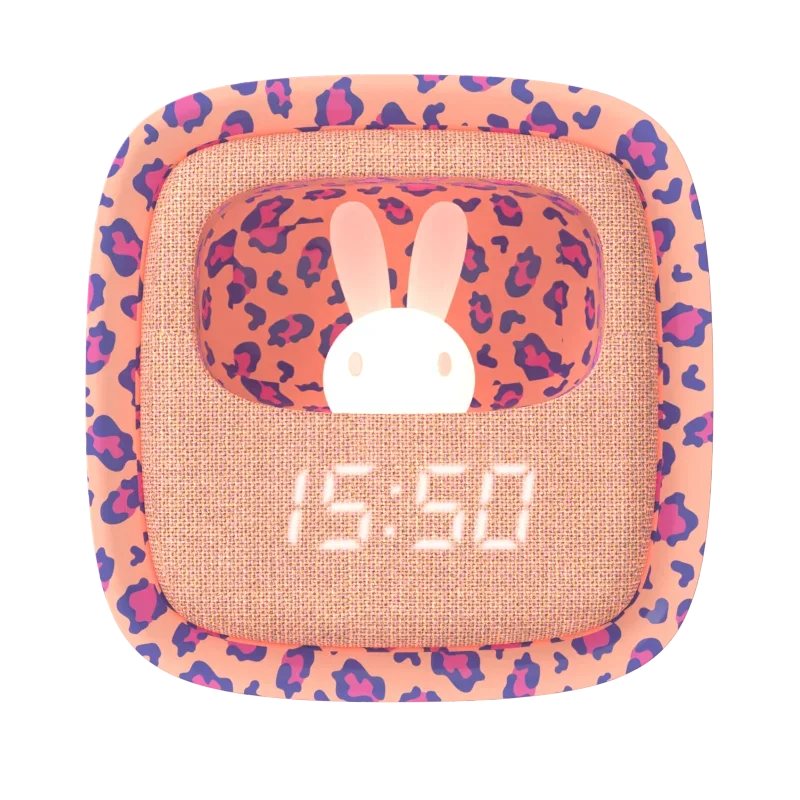 Pembe Leopar Desenli Tavşan Masaüstü Saati ve Gece Lambası - 1