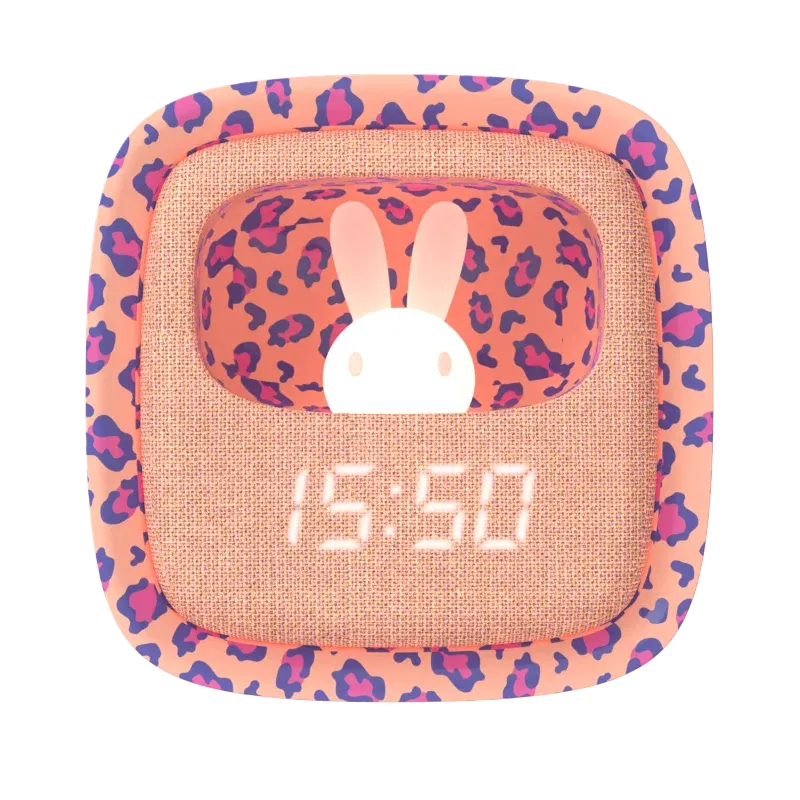 Pembe Leopar Desenli Tavşan Masaüstü Saati ve Gece Lambası - 1