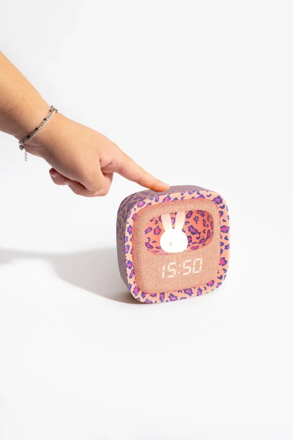 Pembe Leopar Desenli Tavşan Masaüstü Saati ve Gece Lambası - 4
