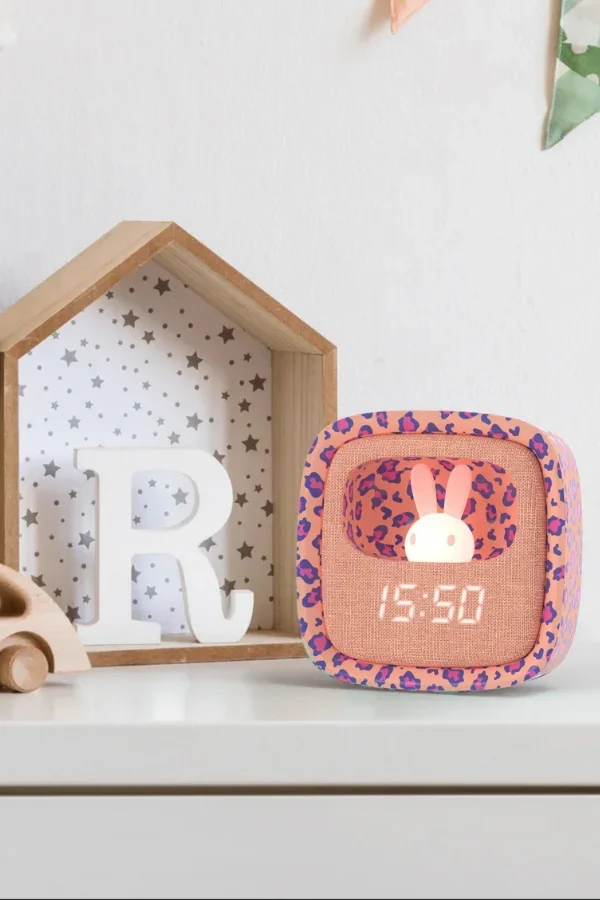 Pembe Leopar Desenli Tavşan Masaüstü Saati ve Gece Lambası - 6