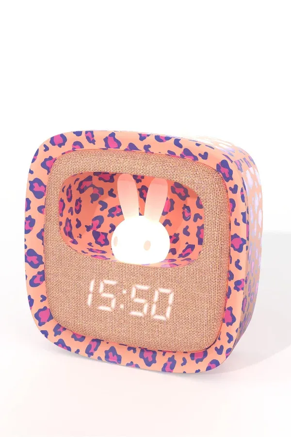 Pembe Leopar Desenli Tavşan Masaüstü Saati ve Gece Lambası - 7