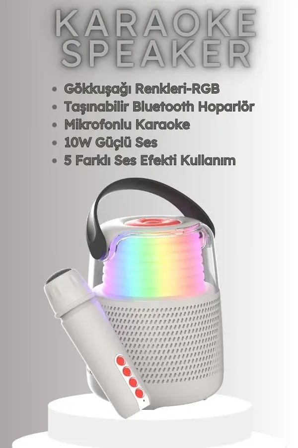 Retro 5 Farklı Ses Efektli, Mikrofonlu Karaoke – Gri - 2