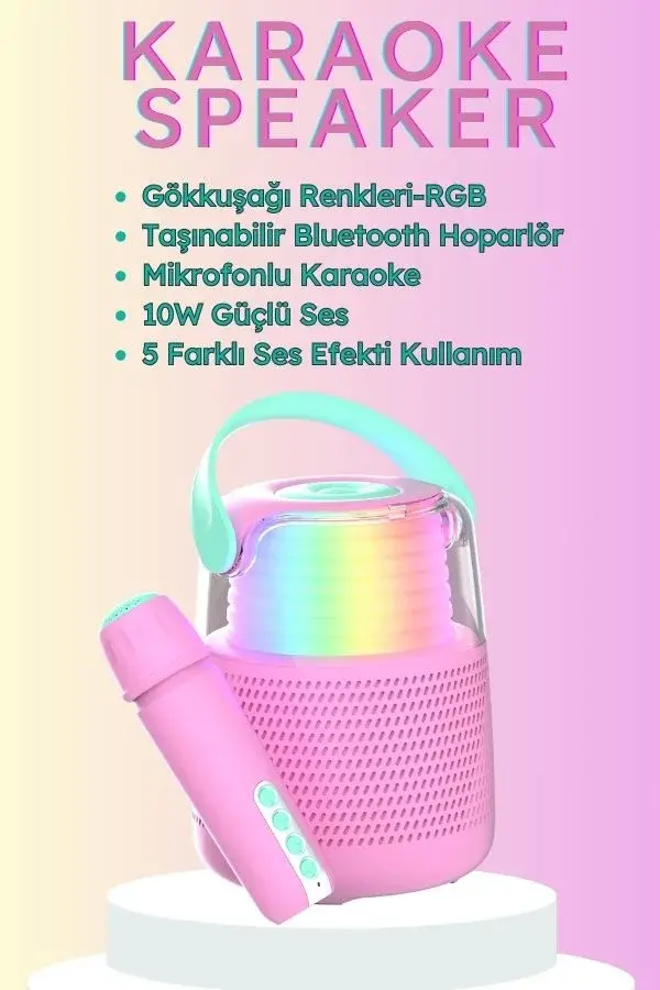 Retro 5 Farklı Ses Efektli, Mikrofonlu Karaoke – Pembe - 2