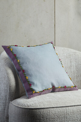 Tığ oyalı Mor ipek bordürlü Gri Keten Kırlent Kılıfı - 45x45 cm - 1