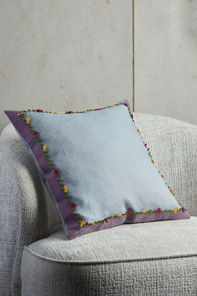 Tığ oyalı Mor ipek bordürlü Gri Keten Kırlent Kılıfı - 45x45 cm - 1