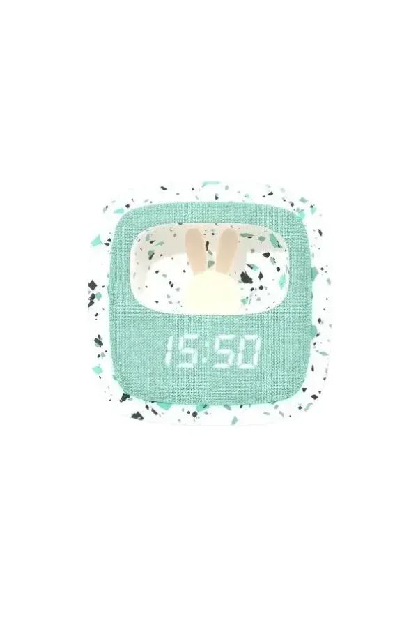 Turkuaz Terazzo Tavşan Masaüstü Saati ve Gece Lambası - 1